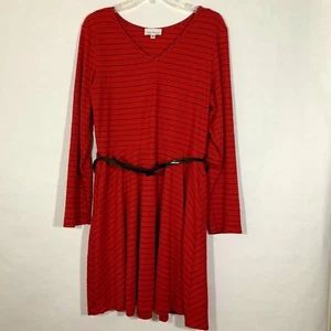 Womens Red Striped VNeck Dress Belted Empire Waist L/S Knee Length Sz 18 - Picture 1 of 8