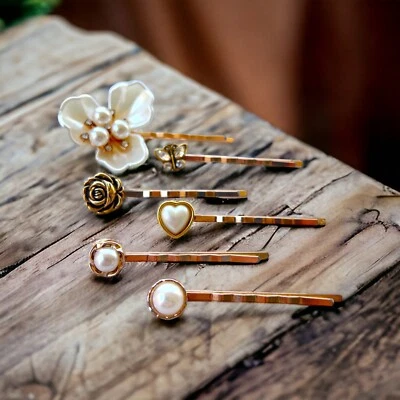 Gold Rose Hair Pin, Pearl Hair Clip, Floral Bobby Pin, Flower Hair Pin, Vintage  - Image 1 of 4