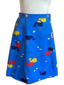 Vintage Whale Print Wrap Skirt Blue Buttoned Waist One Pocket Fun Whimsical W30" - Picture 1 of 9