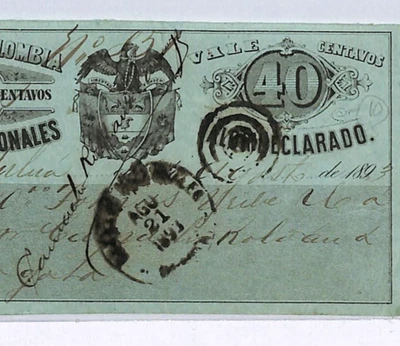 COLOMBIA 40c CUBIERTA Insured Letter Stamp Used BOGOTA 1893 Stationery WX495 - Image 1 of 4