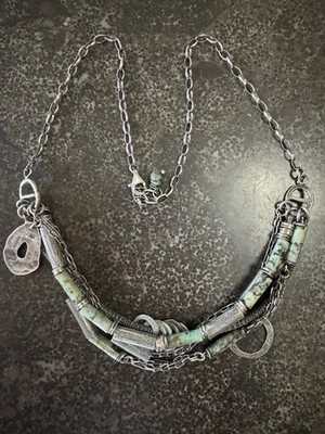 Artisan Ewalompe Green African Turquoise Necklace: Silver Layered Boho Jewelry - Image 1 of 4