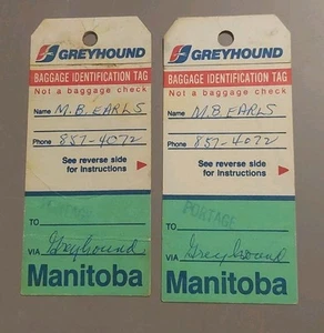 2 VINTAGE Greyhound Baggage ID Tags - Manitoba to Portage Bus Tickets Read - Imagen 1 de 13