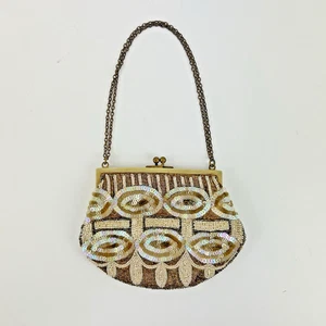 Vintage Geldbörse mit Perlen + Pailletten mit Metallkette und Verschluss #232 - Bild 1 von 9