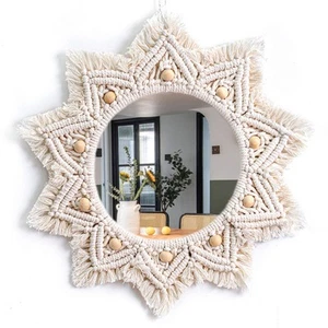 Boho Wall Decor Mirror Macrame Circle Hanging Mirror for Bedroom Living Room ... - Picture 1 of 7
