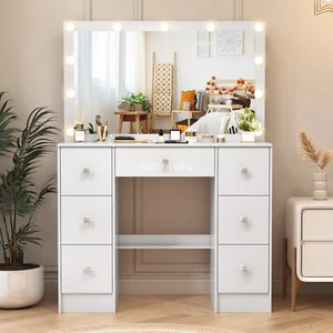 Dressing Table Stool Set Makeup Mirror LED Vanity Desk 7 Drawers White AU - Picture 1 of 9