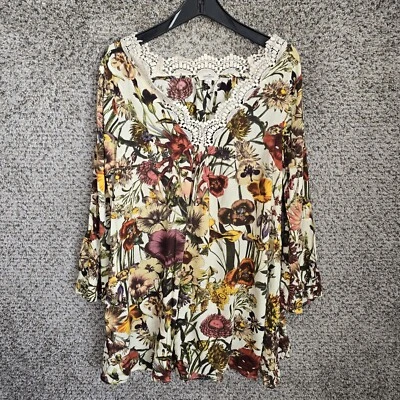 UMGEE Dress Womens Small Brown Floral Print Crochet Lace Trim Boho Casual Mini - Image 1 of 4