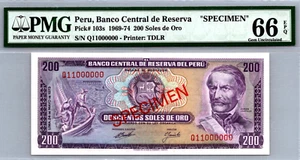 Peru 200 Soles 1969 - 1974 PMG 66 EPQ GEM UNC " SPECIMEN " Pick # 103s - Picture 1 of 3