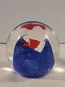 Art Glass Paperweight Aquarium w/ Two Red Fish Swimming Above Blue Coral Ocean - Picture 1 of 10