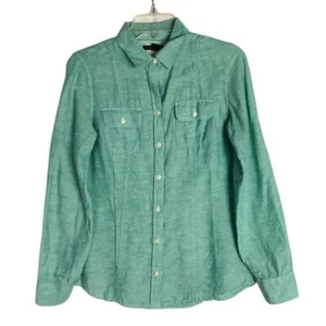 Camisa Banana Republic para mujer 2 verde mezcla de lino manga con botones lengüeta enrollable - Imagen 1 de 5
