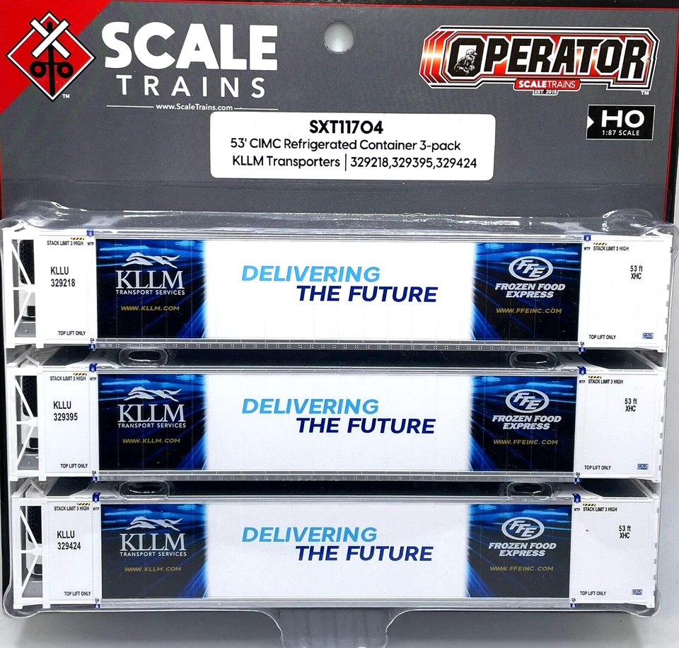 HO SCALETRAINS SXT11704 OPERATOR 53' REFRIGERATED CONTAINER 3PK KLLM TRANSPORTER - Image 1 of 1