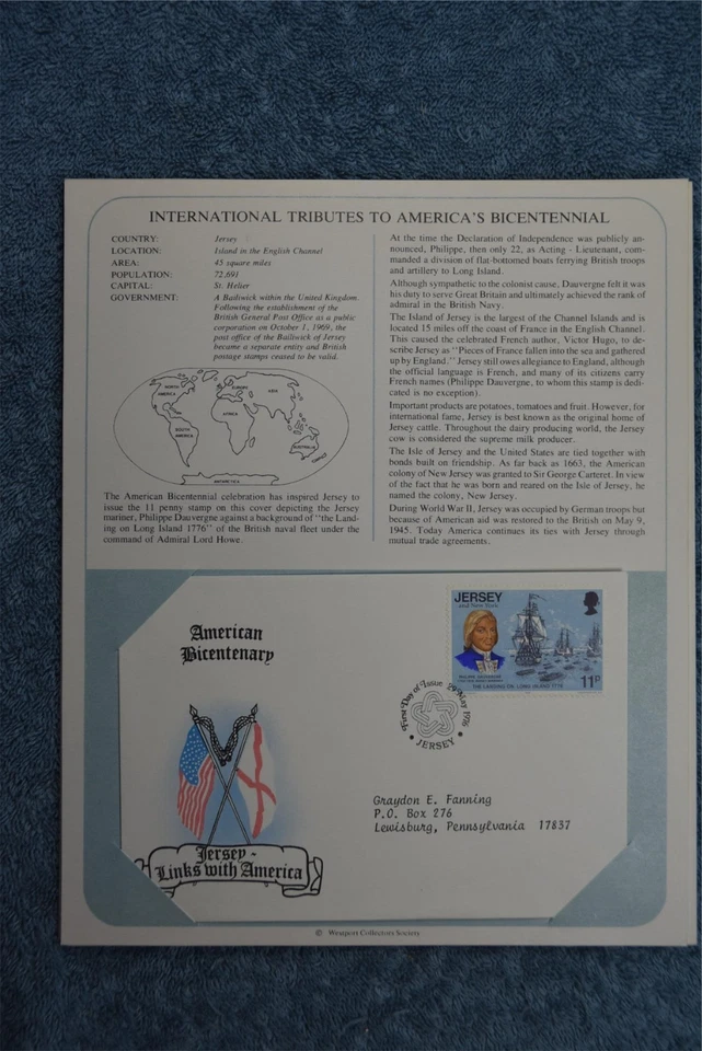 1975 International Tributes to America's Bicentennial Souvenir Card - Jersey - Image 1 of 1