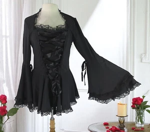 Plus Size Gothic Corset Top Black Bell Sleeve Blouse Witchy Victorian Shirt - Picture 1 of 16
