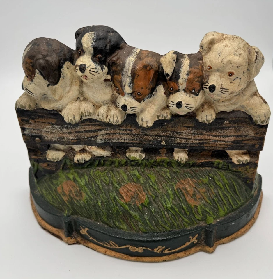Vintage Puppies On A Log Fence Cast Iron Door Stopper Hand Painted Dogs - Image 1 of 2