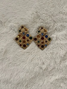 Vintage Brushed Goldtone Clip On Earrings With Sparkle Rhinestones Stunning - Picture 1 of 4