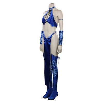 Mortal Game Kitana Cosplay 蓝色性感服装面具 + MK Kitana 折叠手扇套装 — 第 1/4 张图片