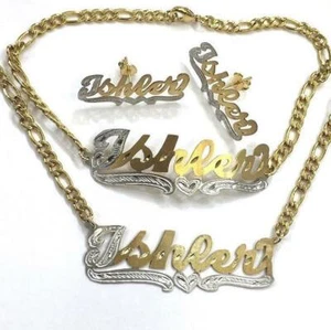 Personalized 14k Gold Overlay Name Necklace stud Earrings bracelet Set / figaro - Picture 1 of 1