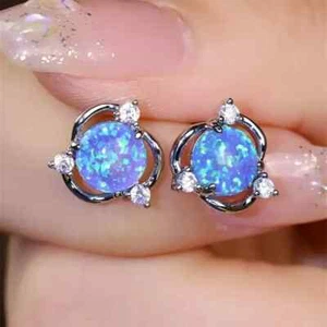 925 Sterling Silver Round Blue Opal & CZ Stud Earrings in Gift Box - Picture 1 of 4