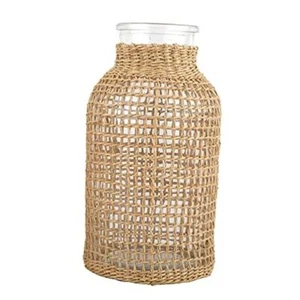Glass Flower Vase with Rattan Cover, Round Decorative Flower Vase Woven Size L - Picture 1 of 8
