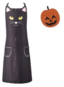 Halloween schwarze Katze Kindergröße Kochschürze mit Jack O'Lantern Topflappen - Bild 1 von 3
