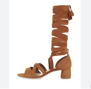 Miu Miu Brown Gladiator Suede D'Orsay Lace Up Block Heel Peep Toe Sandal sz 38 - Picture 1 of 7