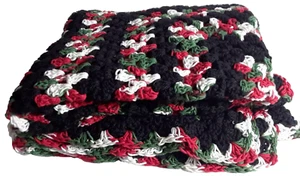 Hand Knit Throw Blanket Afghan Black Red and Green Cozy 56 x 60 inch - Picture 1 of 12