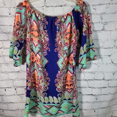 Flamenco, Vestido Azul Paisley, Hombro Frío, Talla S Foto 1 de 4