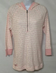 LRL Lauren Jeans Co Pink White Womens Medium Cotton Blend 1/4 Zip Striped Hoodie - Picture 1 of 9