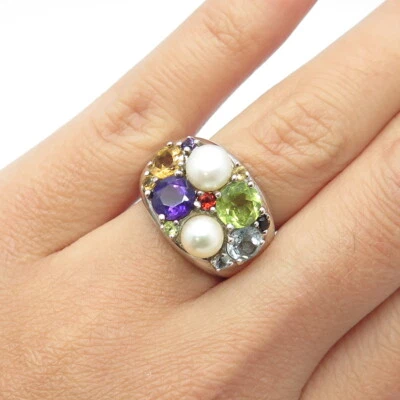 925 Sterling Silver Pearl Amethyst Topaz Citrine Peridot & Garnet Ring Size 7.25 - Image 1 of 4
