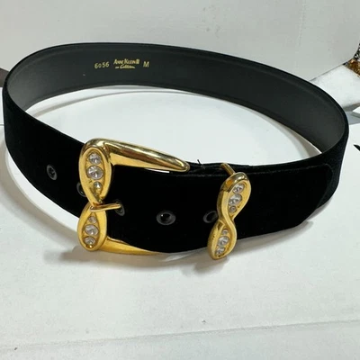 Vintage Belt Anne Klein Black Suede Leather Goldtone Buckle Rhinestone Wide - Image 1 of 4