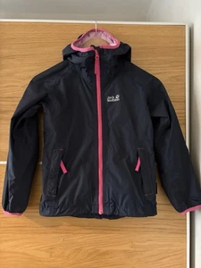 Jack Wolfskin Kids Girls Navy Pink Raincoat Jacket 128 - Picture 1 of 4