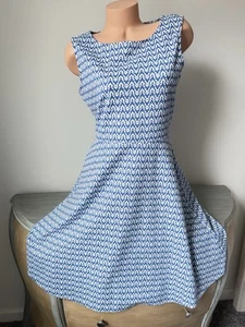 Talbots Tank Dress L White Blue Fit Flare Sleeveless Women Classic New Ikat Knee - Picture 1 of 12