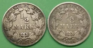 2 Silver German 1/2-Mark Coins, 90% Silver Coins, KM#17, 1906 D & 1906 F - Picture 1 of 6