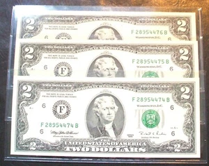 1995 - Unzirkuliert 2 $. SCHEINE - 3 FORTLAUFENDE NUMMERN - Atlanta - neuwertig - Bild 1 von 2