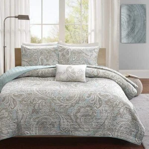 C U 5 Piece Blue Khaki Paisley Floral Pattern Coverlet Full Queen Set - Picture 1 of 4