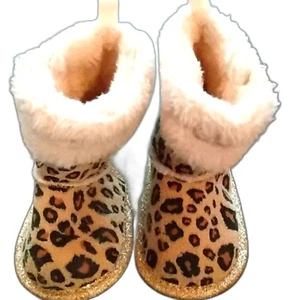Bebe Baby size 1 infant Leopard Boots Slip On Faux Fur Trim Lined Glittery - Picture 1 of 5