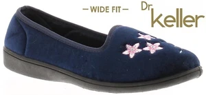 DR KELLER LADIES NAVY WIDE FIT VELOUR FLORAL COMFY WOMENS SLIP ON SLIPPERS SIZE - Picture 1 of 3