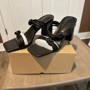 Coutgo Womens Square Open Toe Sandals Two Strap Chunky Heel Backless Black - Picture 1 of 1