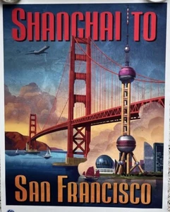 Vintage SHANGHAI to SAN FRANCISCO Futuristic GE Travel Poster Print 18” x 24” - Picture 1 of 8