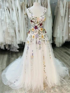 Colorful Embroidered Floral Wedding Dresses V-Neck Backless A-Line Bridal Gowns - Picture 1 of 9