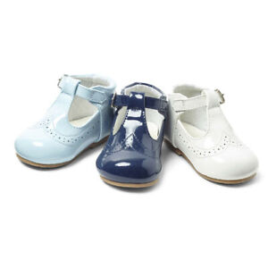CHILDRENS SPANISH STYLE Tbar SHOES WHITE NAVY BABY BLUE FAUX LEATHER PATENT
