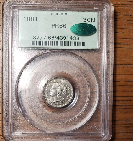 1881 Proof 3 Cent Nickel, PCGS PR66 green holder 3CN, CAC approved Cover