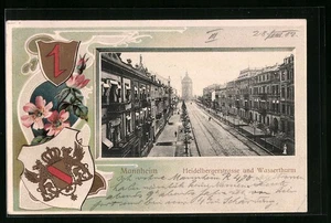 Präge-Lithographie Mannheim, Heidelbergerstrasse und Wasserthurm, Wappen - Picture 1 of 2