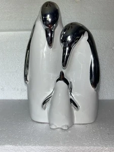 Ceramic Porcelain Penguin Mother Father Child White Silver Tone Winter Wonder - Picture 1 of 9