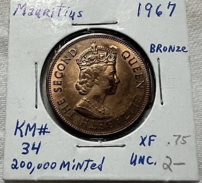 1967 Mauritius 5 Cents Bright Uncirculated Red BU Elizabeth II KM#34 - Image 1 of 4