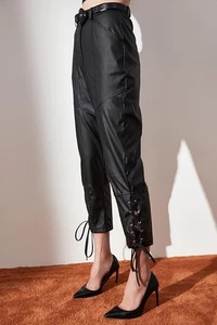 Trendyol Black Bird Eye Detailed Artificial Leather Women's Trousers UK Size 8 - Picture 1 of 5