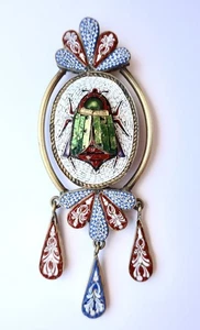 Antique Italian Women's Jewelry Pendant Micro Mosaic Scarab in Gilt Silver c1860 - Picture 1 of 12