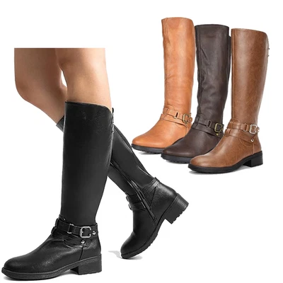 Botas de equitación forradas de piel sintética para mujer botas hasta la rodilla de tacón bajo punta redonda Foto 1 de 2