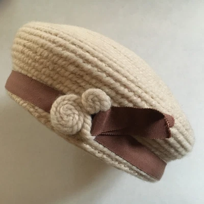 Vtg Wool Beret Women's Everitt Cream Hat Cording Rosettes Brown Grosgrain Ribbon - Image 1 of 4