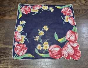 Vintage Handkerchief Hankie Vibrant Tulip Flowers 13.5" Square Excellent MCM 50s - Picture 1 of 5