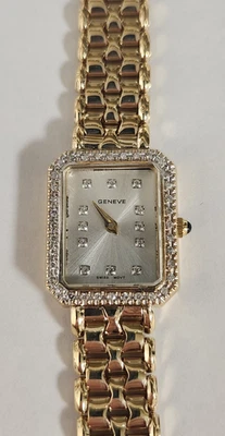 Женские наручные часы GENEVE из желтого золота 10 карат с бриллиантами.  Швейцарский кварцевый механизм. - Изображение 1 из 4